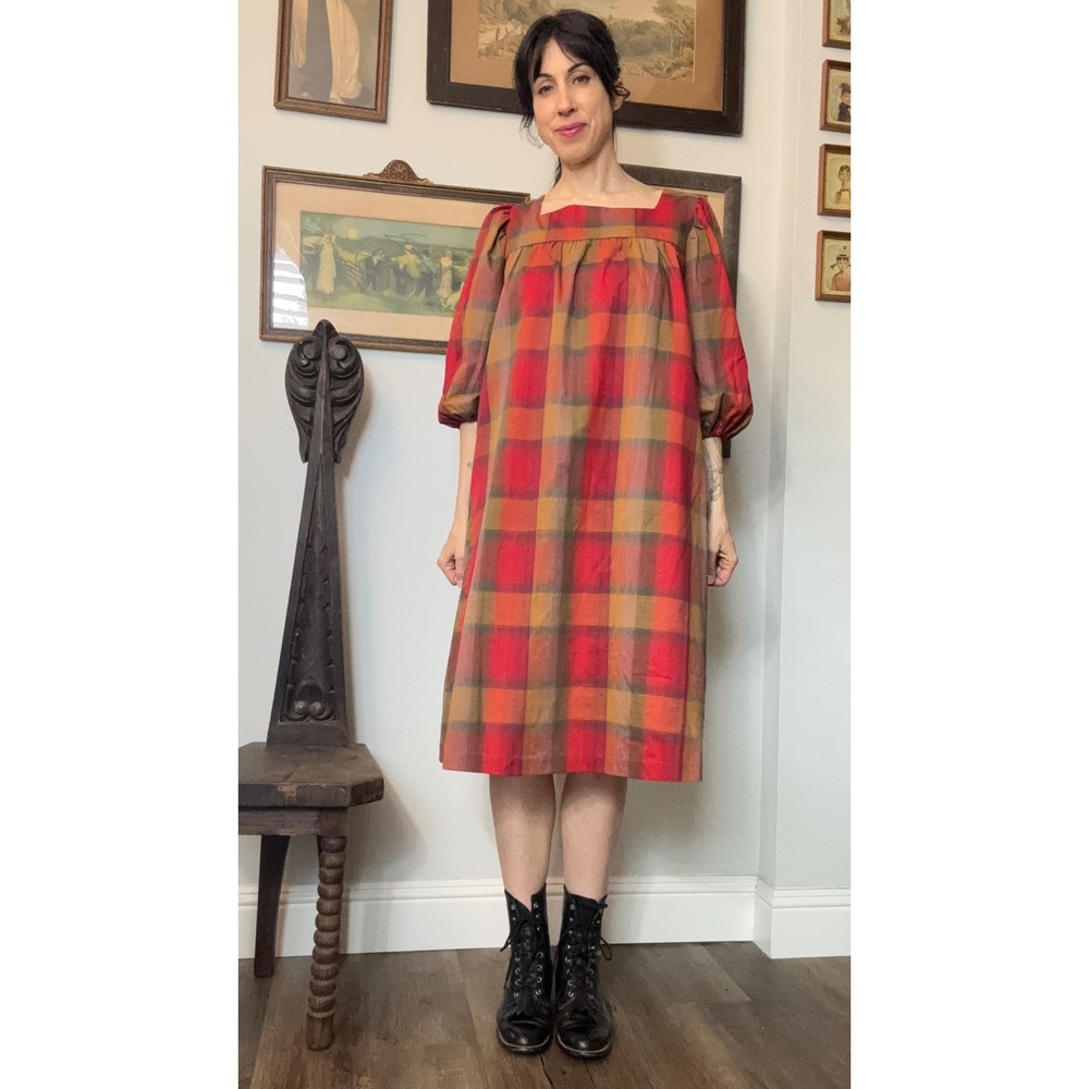 Vintage Plaid Puff Sleeve Dress Square Neck Button Front Multi Color Midi Red L